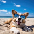 Cheerful Corgi Dog Enjoying the Beach Sun in Sunglasses. Generative Ai