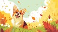Cheerful Corgi Enjoying Autumn Leaves Illustration
