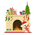 A cheerful Corgi puppy sits by the fireplace decorated with Christmas decorations and gifts. Merry Christmas. Vector illustration