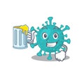 Cheerful corona zygote virus mascot design with a glass of beer