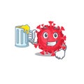 Cheerful coronavirus substance mascot design with a glass of beer