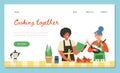 Cheerful couple cooks food together, landing page template - flat vector illustration.