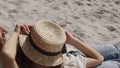 Cheerful couple relaxing sand beach closeup. Attractive woman lying on man chest Royalty Free Stock Photo