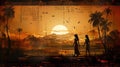 two people in front of a sunset on the beach with palm trees Royalty Free Stock Photo