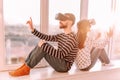 Cheerful couple testing their new virtual reality glasses