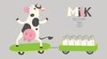 Cheerful cow delivers milk bottles on a scooter