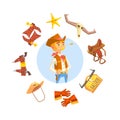 Cheerful Cowboy Sheriff Character, Wild West Attributes and Clothes Vector illustration Royalty Free Stock Photo