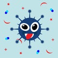 Cheerful crazy virus makes grimaces, the concept of vaccination and a healthy lifestyle. All elements are isolated