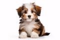 Cute happy red parti colored havanese puppy dog is sitting and Royalty Free Stock Photo