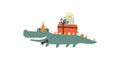 Cheerful crocodile carries birthday presents on his back. A cute holiday cartoon character in a simple childish hand