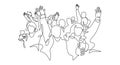 Cheerful crowd cheering illustration. Hands up. Group of applause people continuous one line vector drawing.