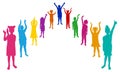 Cheerful crowd of children. Silhouettes of saluting, happy boys and girls. Vector illustration Royalty Free Stock Photo