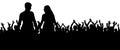 Cheerful crowd silhouette. Party people, applaud. Fans dance concert, disco.Young couple at a party. Royalty Free Stock Photo