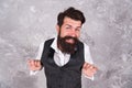 Cheerful and cunning. Charming jewish person. Bearded jewish man. Guy mature bearded stylish dressed in shirt and vest