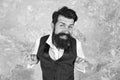 Cheerful and cunning. Charming jewish person. Bearded jewish man. Guy mature bearded stylish dressed in shirt and vest
