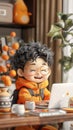 Cheerful and Curly Haired Kid Animating at a Computer in a Cozy Home Office with Floating Oranges, Surrounded by Plants and Warm Royalty Free Stock Photo