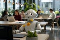 Cheerful customer service robot at work on computer in blurred office setting with room for text Royalty Free Stock Photo