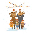 Cheerful cute family, adults and kids singing christmas songs carols, isolated vector illustration