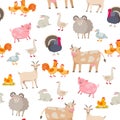 Cheerful cute farm animals seamless pattern. Domestic animals cartoon characters isolated on white background in flat Royalty Free Stock Photo