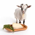 Cheerful cute goat holds delicious appetizing goat cheese, close-up on a white background, for advertising Royalty Free Stock Photo