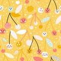 Cheerful cute smiling cherries on a yellow background