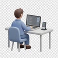 Cheerful 3d cartoon programmer working at a laptop while checking a smartphone, symbolizing multitasking Royalty Free Stock Photo