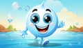 Cheerful 3d cartoon water droplet character celebrating world water day with conservation concept