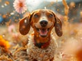 Cheerful Dachshund Enjoying a Warm Sunny Day in a Flower Field Surrounded by Vibrant Blooms and Floating Petals with a Giant Daisy