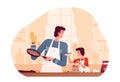 Cheerful dad and son cooking pancakes together at home in the kitchen. The concept of happy fatherhood and surprise for