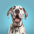 Cheerful Dalmatian Bulldog Dog With Open Mouth On Blue Background Royalty Free Stock Photo