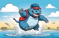 A cheerful dancing blue hippopotamus in a cap jumps through puddles