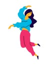 Cheerful dancing girl rejoices life. Vector. Illustration of a laughing young woman. Character for the dance studio. Image is isol