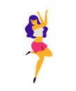 Cheerful dancing girl in shorts and tank top. Vector. Illustration of a laughing young woman. Character for the dance studio. Flat Royalty Free Stock Photo