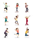 Cheerful dancing people set. Joyful girls and boys jump up and have fun party energy friendly happiness with celebration