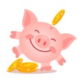 Cheerful dancing piggy bank and gold coins dollars. Finance and business concept. Illustration vector