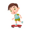 Cheerful Dark-haired Boy Character Skateboarding Vector Illustration