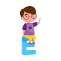 Cheerful Dark Haired Boy in Glasses Sitting on Big Alphabet E Letter Vector Illustration