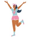 A cheerful dark-skinned girl is standing in full growth in her night pajamas. Young teen in home clothes. Fashion vector flat