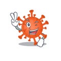 Cheerful deadly corona virus mascot design with two fingers