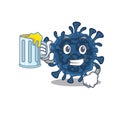 Cheerful decacovirus mascot design with a glass of beer