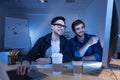Cheerful delighted hackers stealing money from bank accounts
