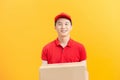 Cheerful delivery man. Happy young courier holding a cardboard box and smiling Royalty Free Stock Photo