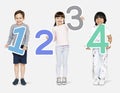 Cheerful diverse kids holding numbers one to four