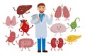 Cheerful Doctor and healthy organs cartoon characters isolated on white background. Medical checkup concept illustration