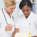 Cheerful doctor and nurse going over file together