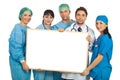 Cheerful doctors with blank banner