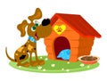 Cheerful dog in front of doghouse and bowl Royalty Free Stock Photo