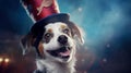 Cheerful dog in a magician's hat