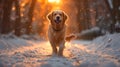 A cheerful dog outside a walk in the morning in the park arches