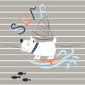 Cheerful dog surfing print for child apparel t shirt design.